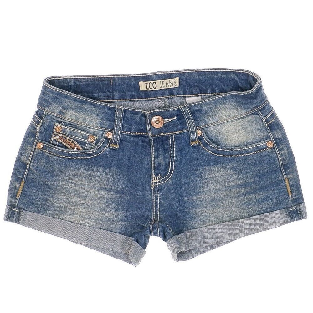 Zco Shorts Juniors 1 Blue Faux Flap Embellished Embroidered Cuff Measures W26